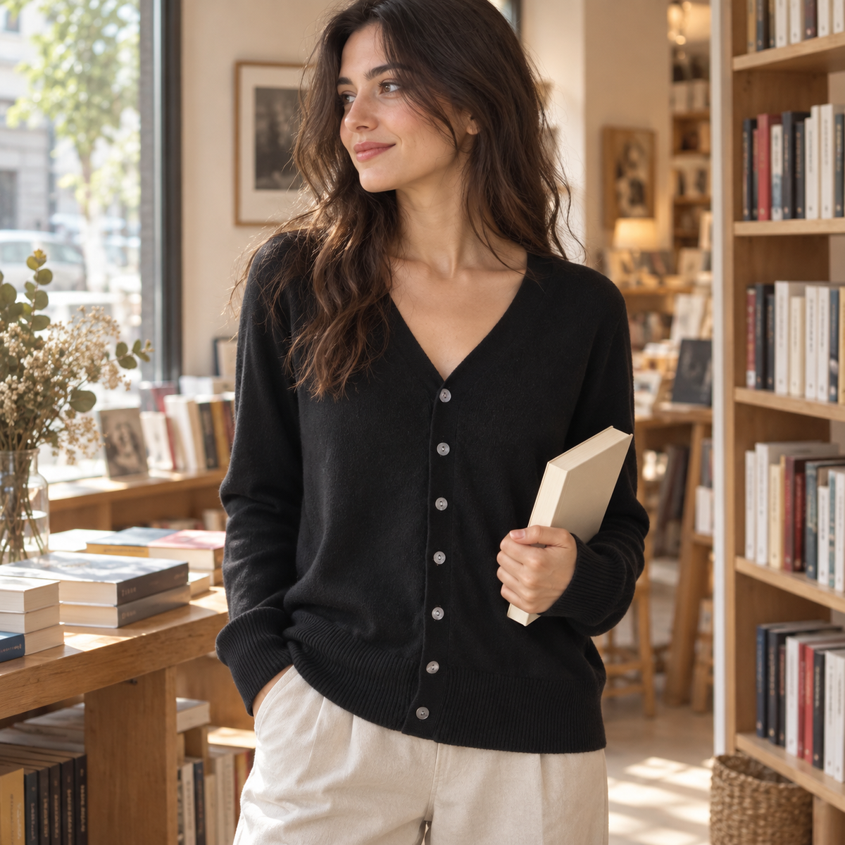 Cárdigan cashmere cuello V negro en look lifestyle de otoño