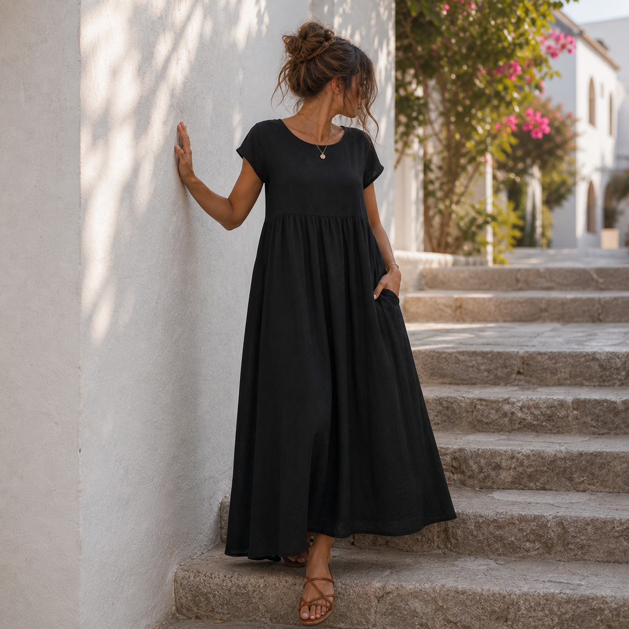 Vestido largo de lino negro con bolsillos en escaleras mediterráneas