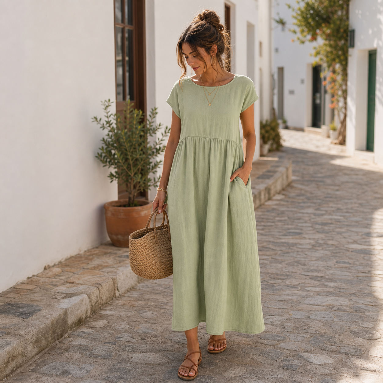 Vestido largo de lino verde claro con bolsillos en paseo mediterráneo