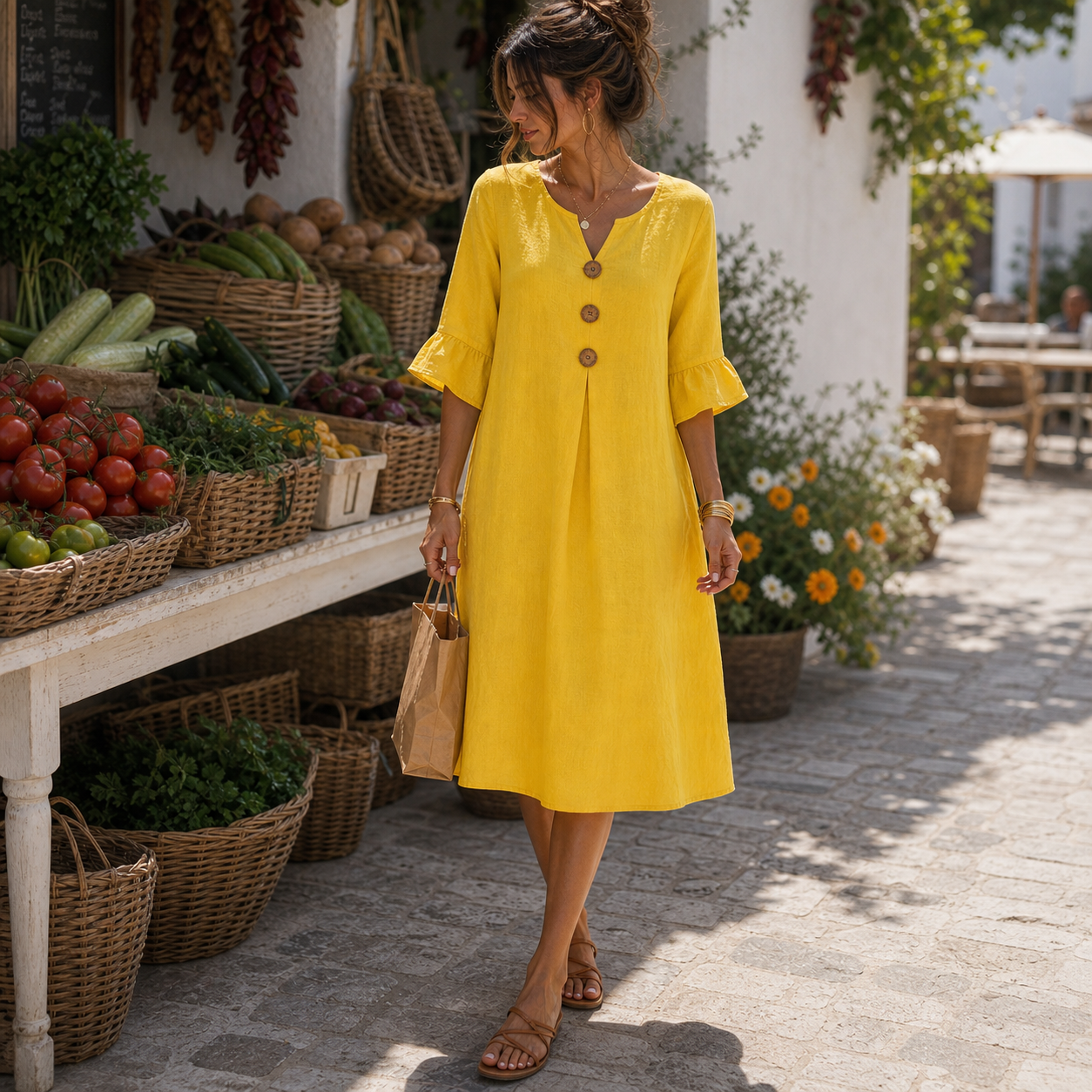 Vestido de lino amarillo con botones en mercado mediterráneo