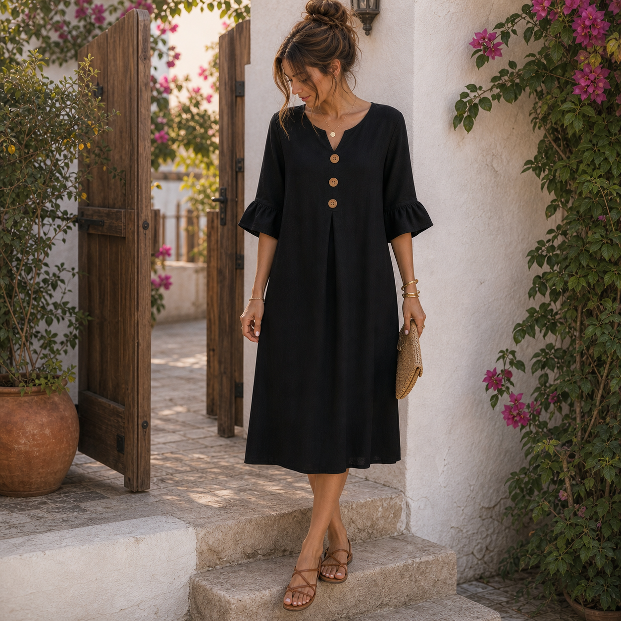 Vestido de lino negro con botones en patio mediterráneo