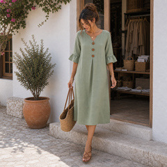 Vestido de lino verde con botones en boutique mediterránea