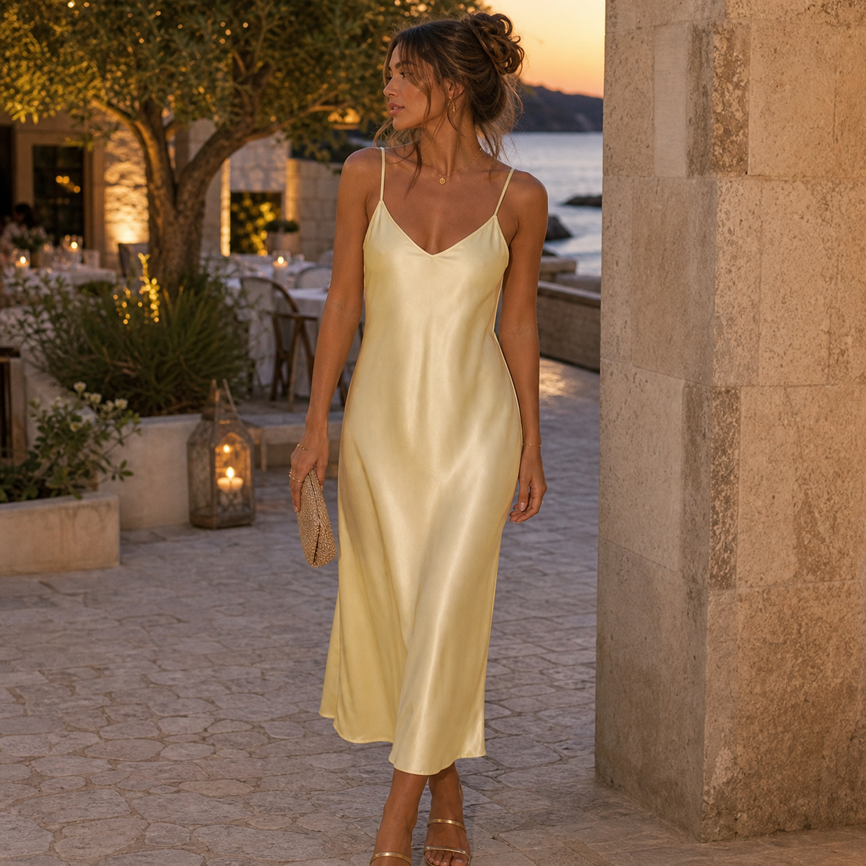 Vestido midi satinado amarillo de tirantes en terraza mediterránea