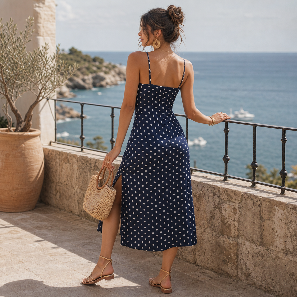 Vestido midi azul marino de topos blancos en terraza frente al mar