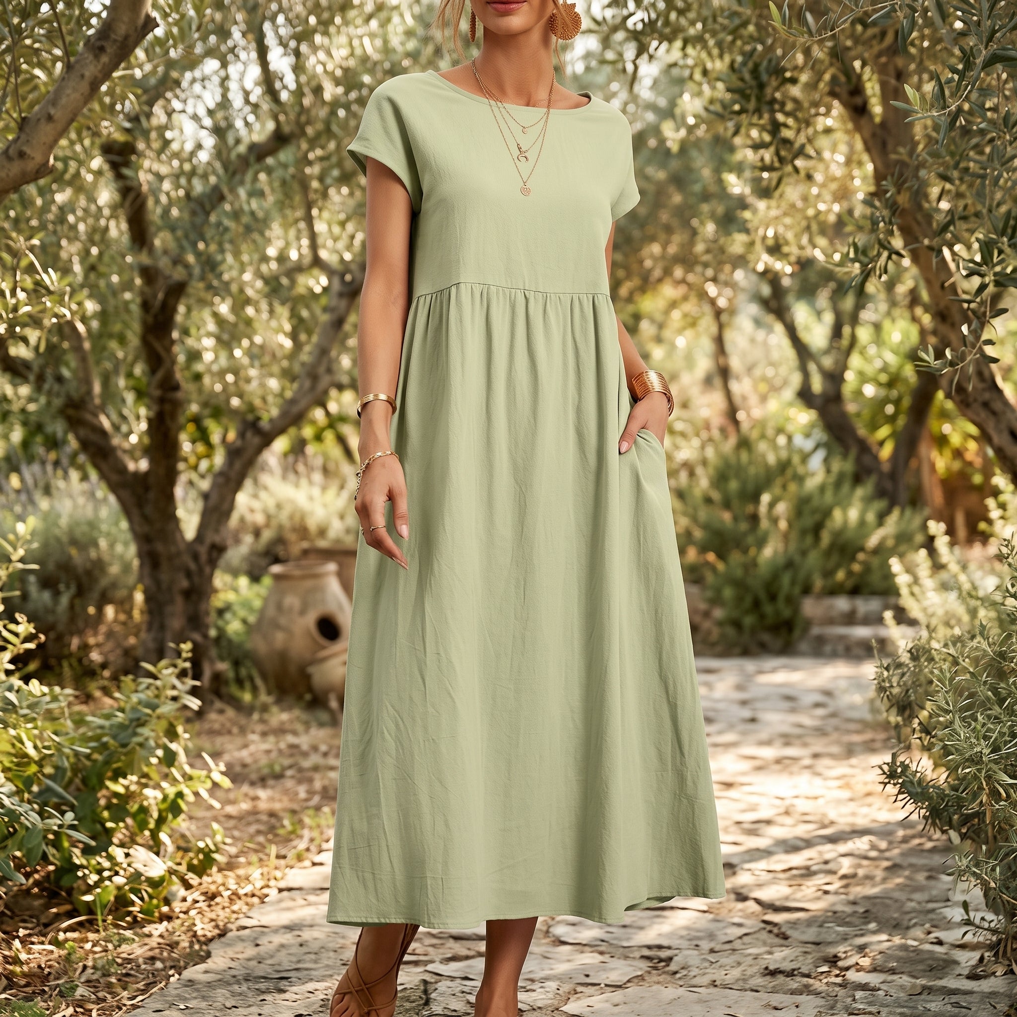 Vestido largo lino vintage verde salvia - Carlota Maré