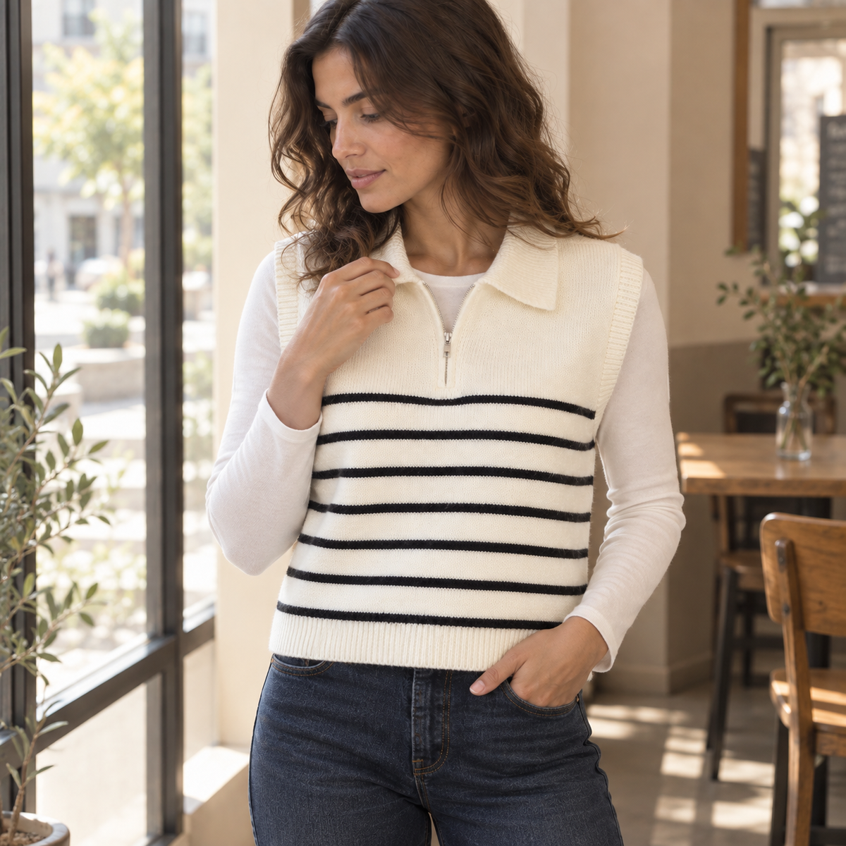 Chaleco de punto a rayas cuello solapa - Blanco, segunda pose lifestyle