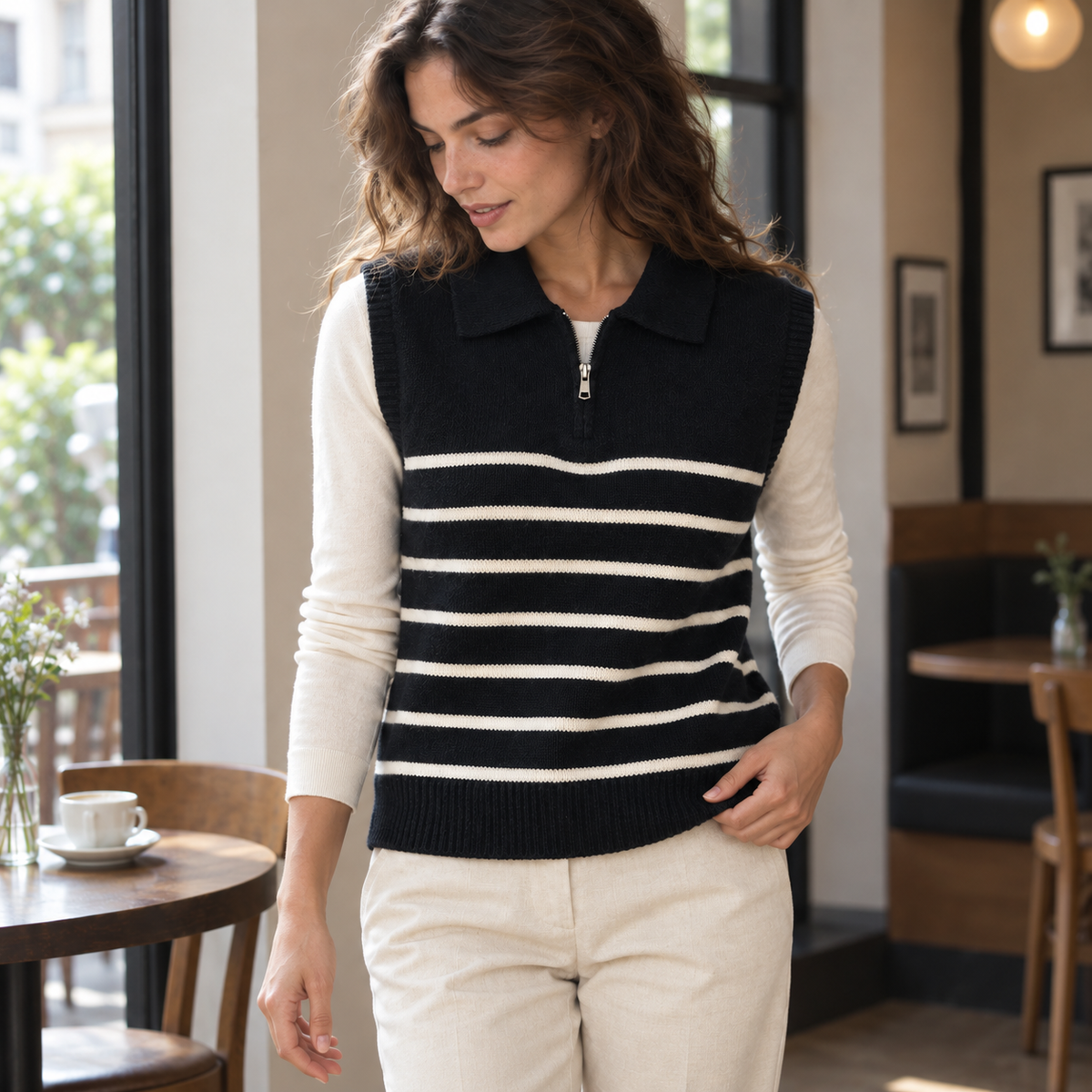 Chaleco de punto a rayas cuello solapa - Negro, segunda pose lifestyle
