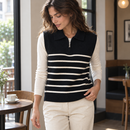 Chaleco de punto a rayas cuello solapa - Negro, segunda pose lifestyle