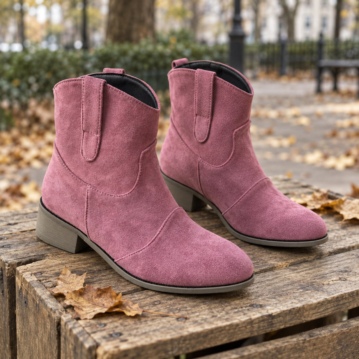 Botines cowboy rosas de efecto ante sobre una caja de madera con hojas de otoño