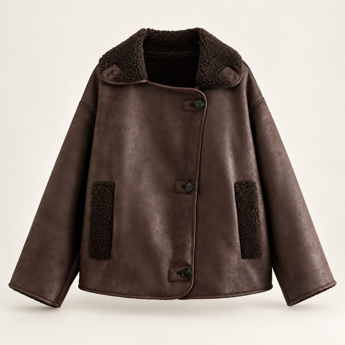 Chaqueta doble faz marrón efecto ante con borreguito sin modelo