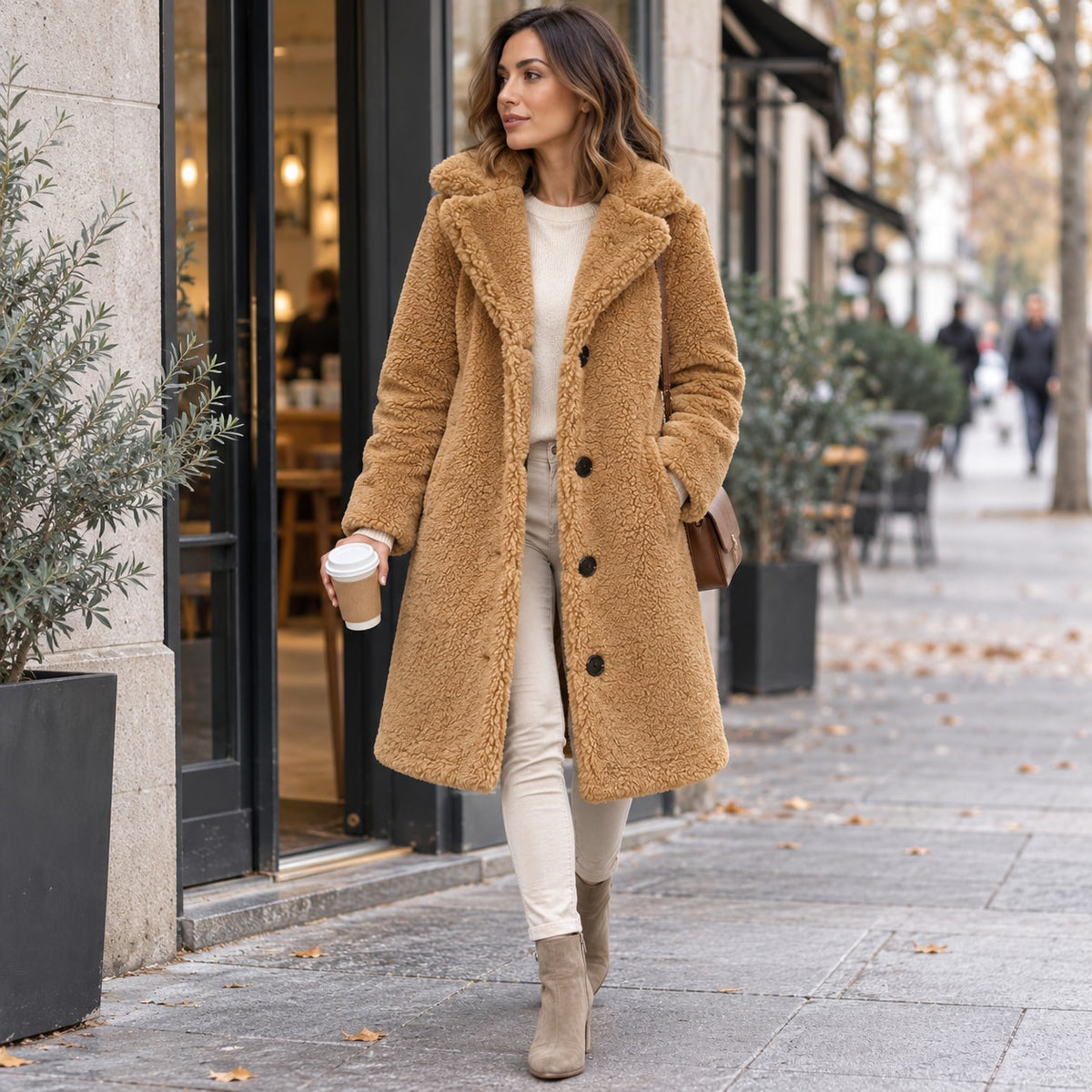 Abrigo de borreguito camel largo con solapa, look de otoño en la ciudad