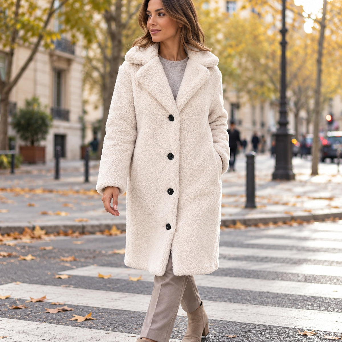 Abrigo de borreguito crudo largo con solapa, look de otoño en la ciudad