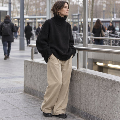 Jersey oversize de cuello alto negro junto a una barandilla urbana
