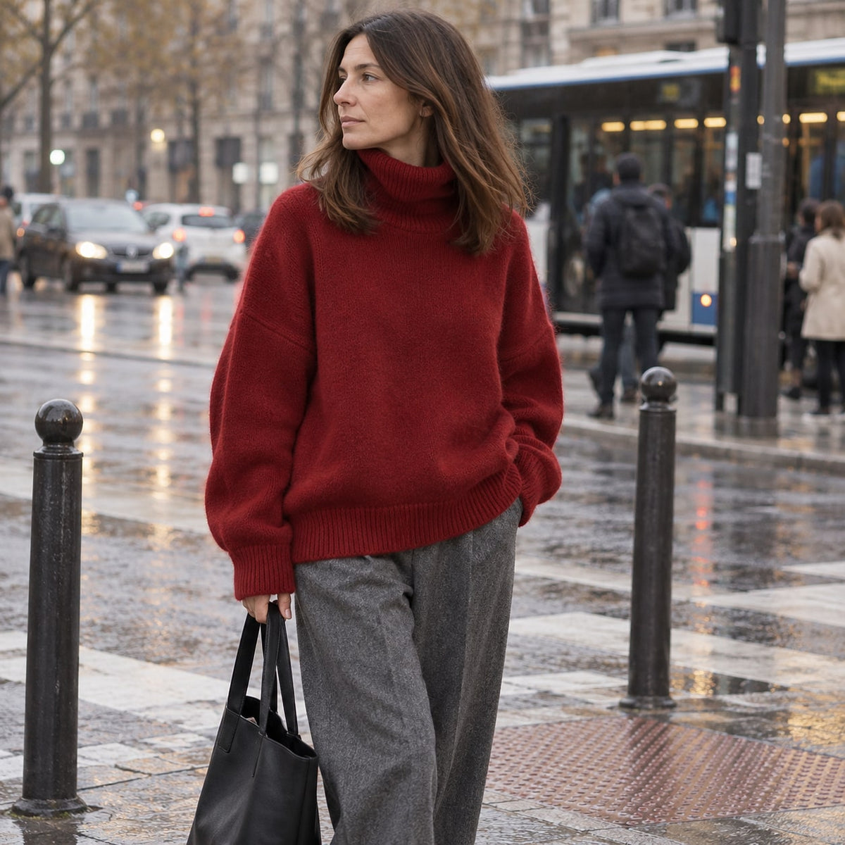 Jersey oversize de cuello alto rojo en una calle lluviosa