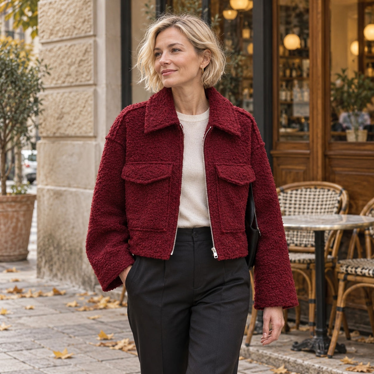 Chaqueta corta burdeos efecto lana bouclé con bolsillos