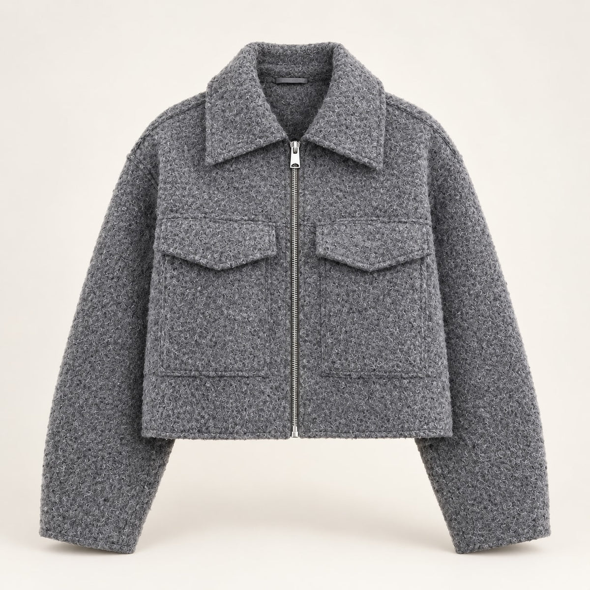 Chaqueta corta gris bouclé con cremallera sin modelo