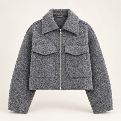 Chaqueta corta gris bouclé con cremallera sin modelo