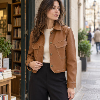 Chaqueta de polipiel camel con bolsillos, look de ciudad