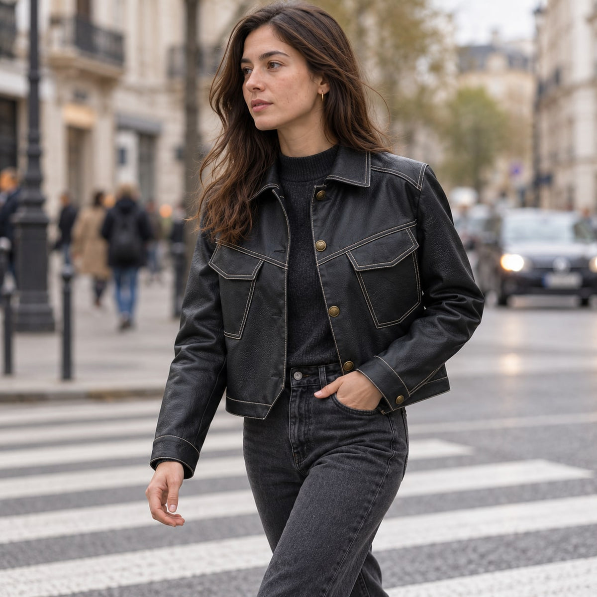 Chaqueta de polipiel negra con bolsillos, look urbano de otoño