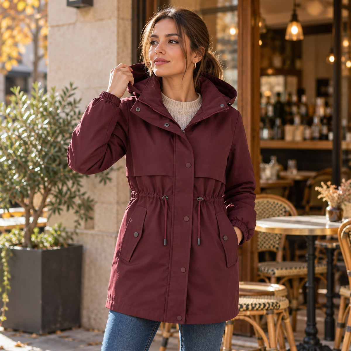 Parka burdeos con capucha y cordón de cintura visible