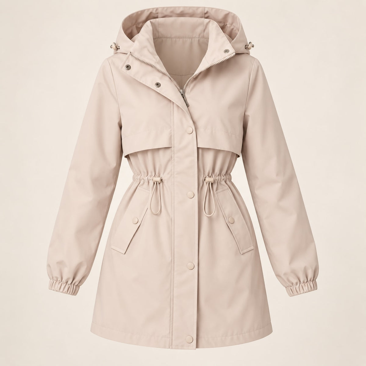 Parka beige con capucha y cintura ajustable sin modelo