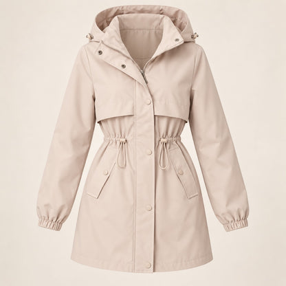 Parka beige con capucha y cintura ajustable sin modelo