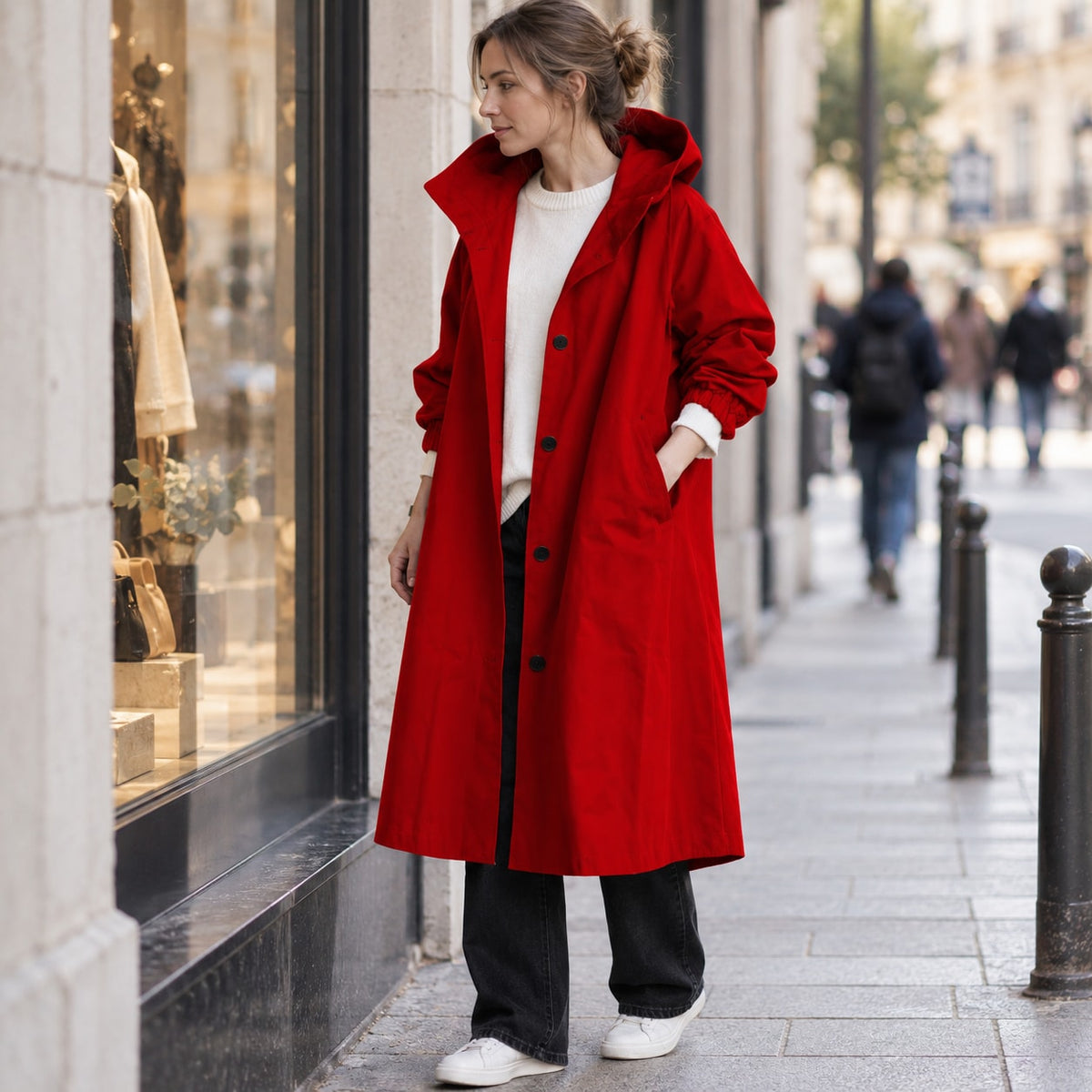 Gabardina larga roja con capucha, look de otoño junto a escaparate