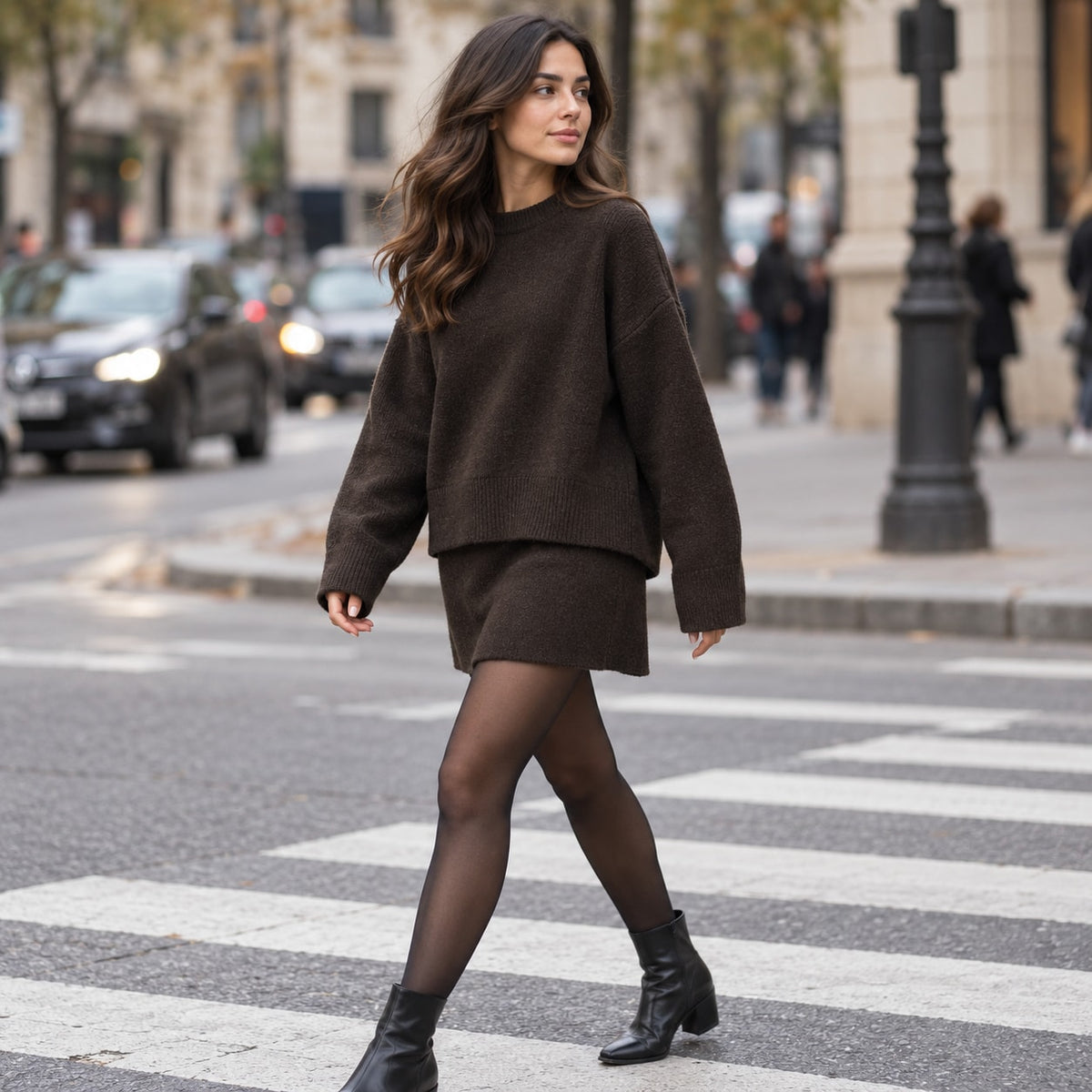 Conjunto de punto marrón oscuro con jersey y falda, look de otoño