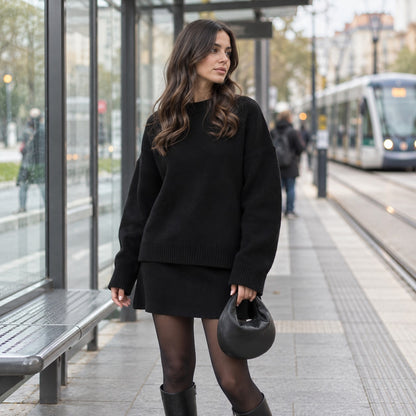 Conjunto de punto negro con jersey oversize y falda, medias tupidas y botas