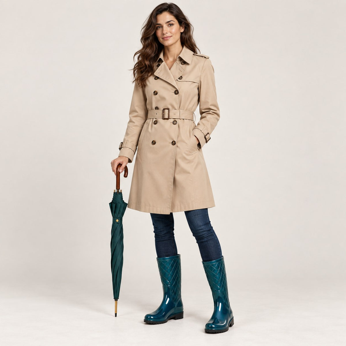 Botas de agua acolchadas verde petróleo con gabardina beige, de cuerpo entero