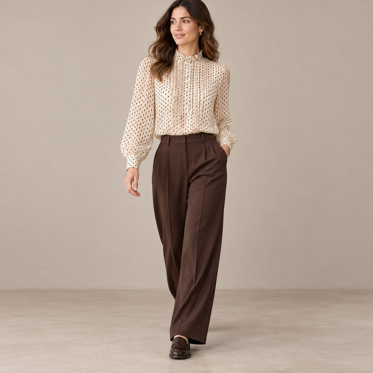Blusa beige de gasa plumeti con pantalón marrón, de cuerpo entero
