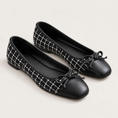 Bailarinas de tweed negro con puntera de piel y lazo, el par