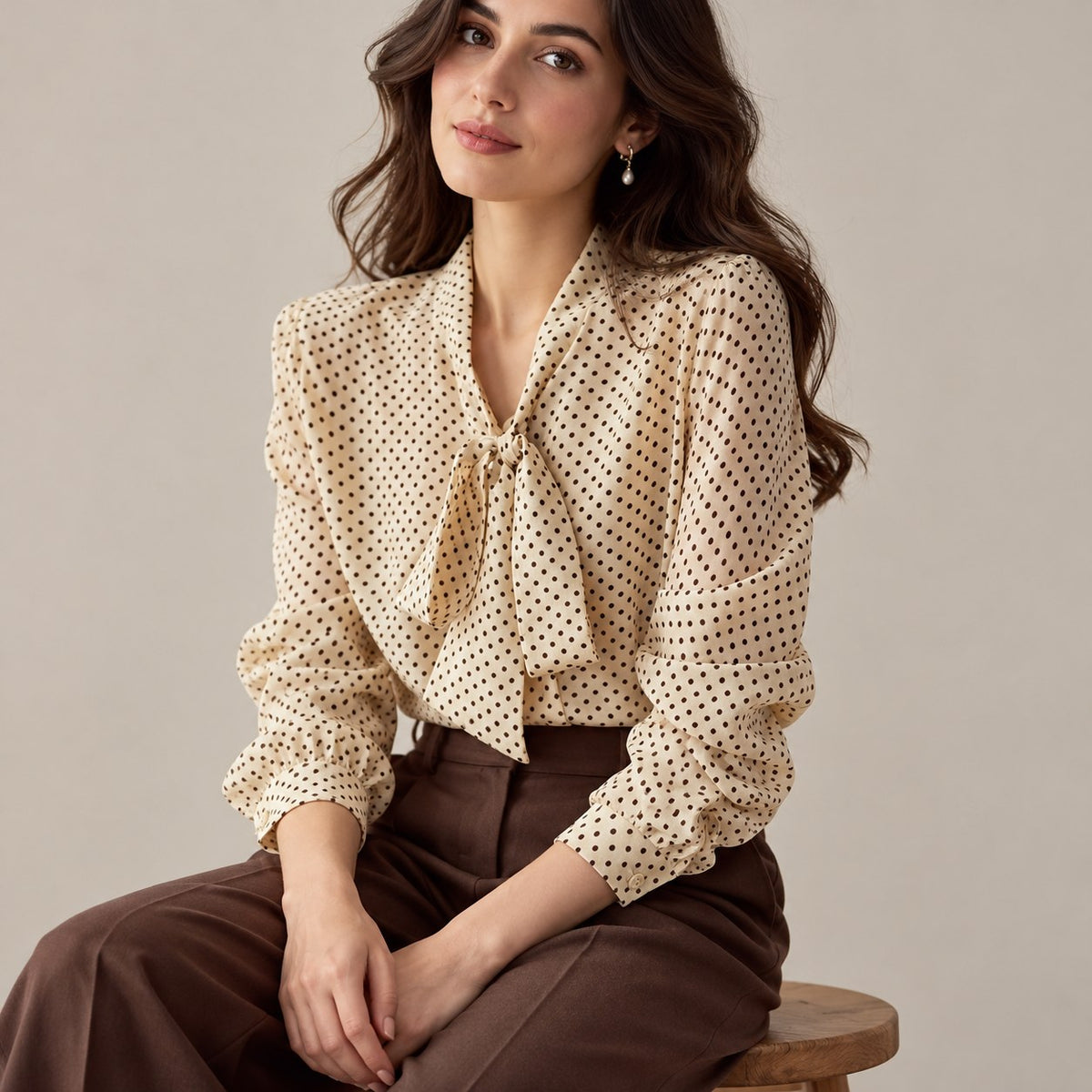 Blusa albaricoque de lunares con lazada, sentada con pantalón marrón