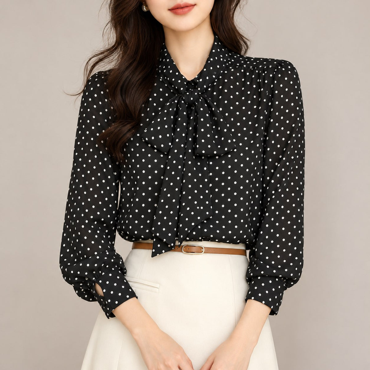 Blusa negra de lunares con lazada al cuello, plano medio