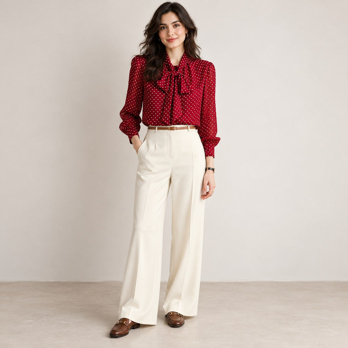 Blusa roja de lunares con lazada y pantalón crudo, de cuerpo entero