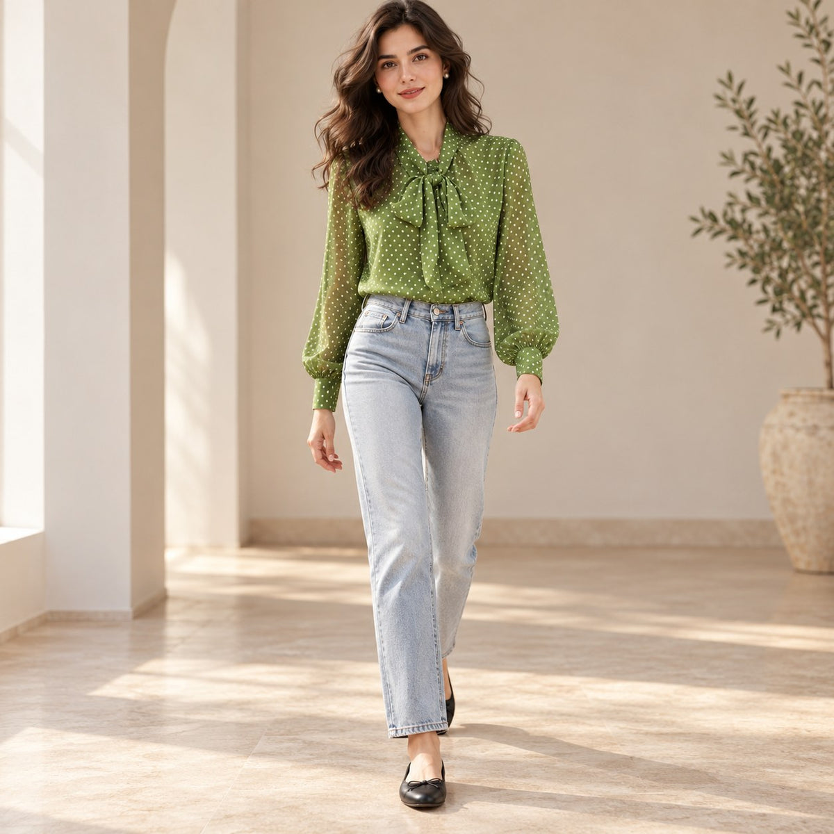 Blusa verde de lunares con lazada y vaquero, andando