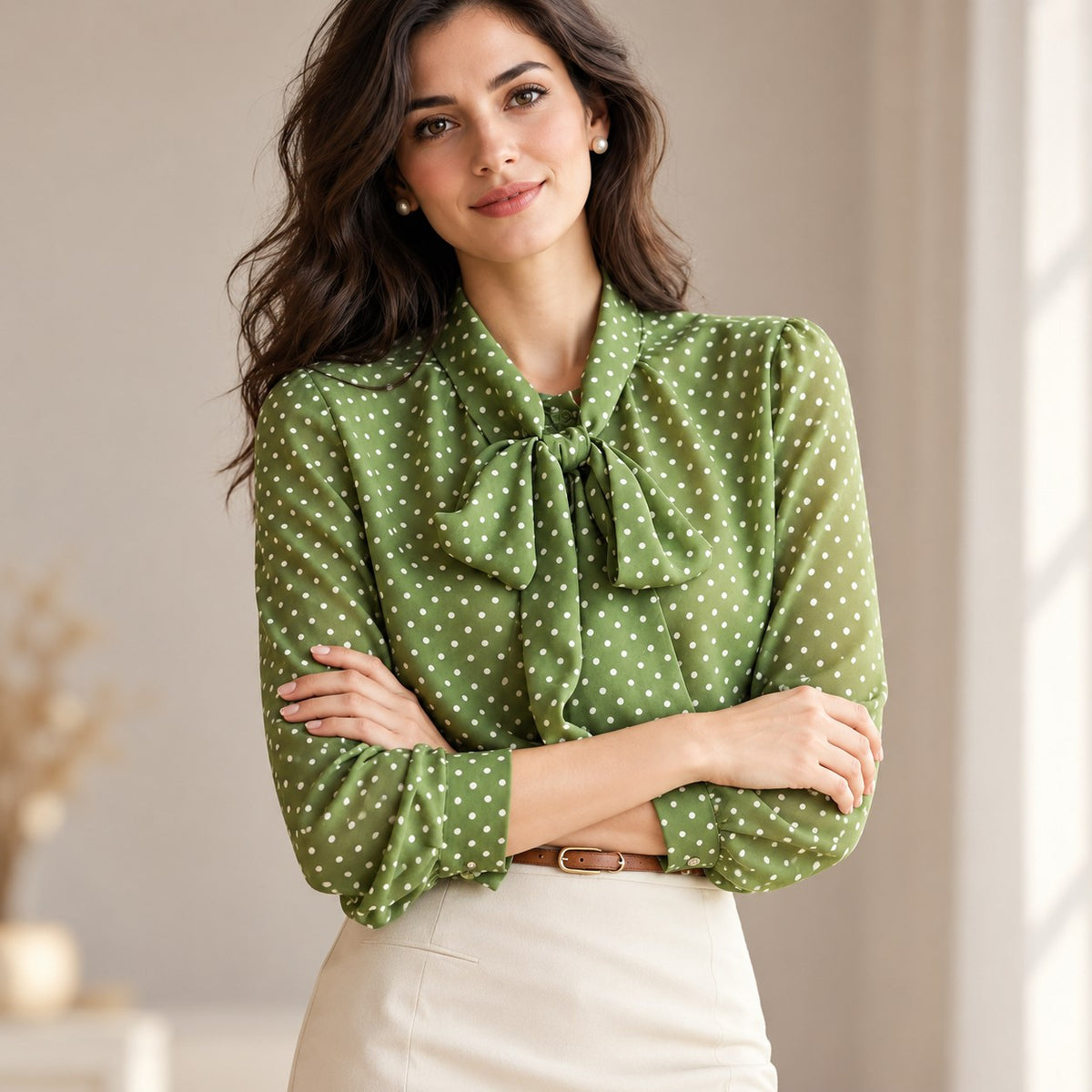 Blusa verde de lunares con lazada grande, plano medio