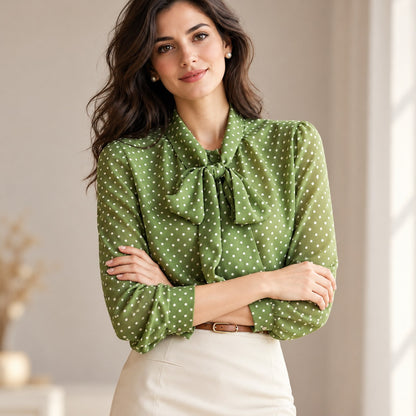 Blusa verde de lunares con lazada grande, plano medio