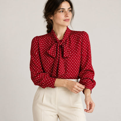 Blusa roja de lunares con lazada al cuello y pantalón crudo, plano medio