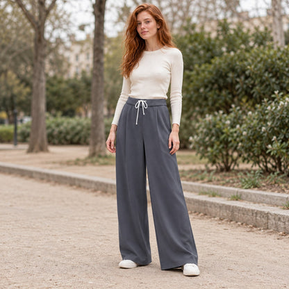 Pantalón ancho recto gris para mujer en look de otoño