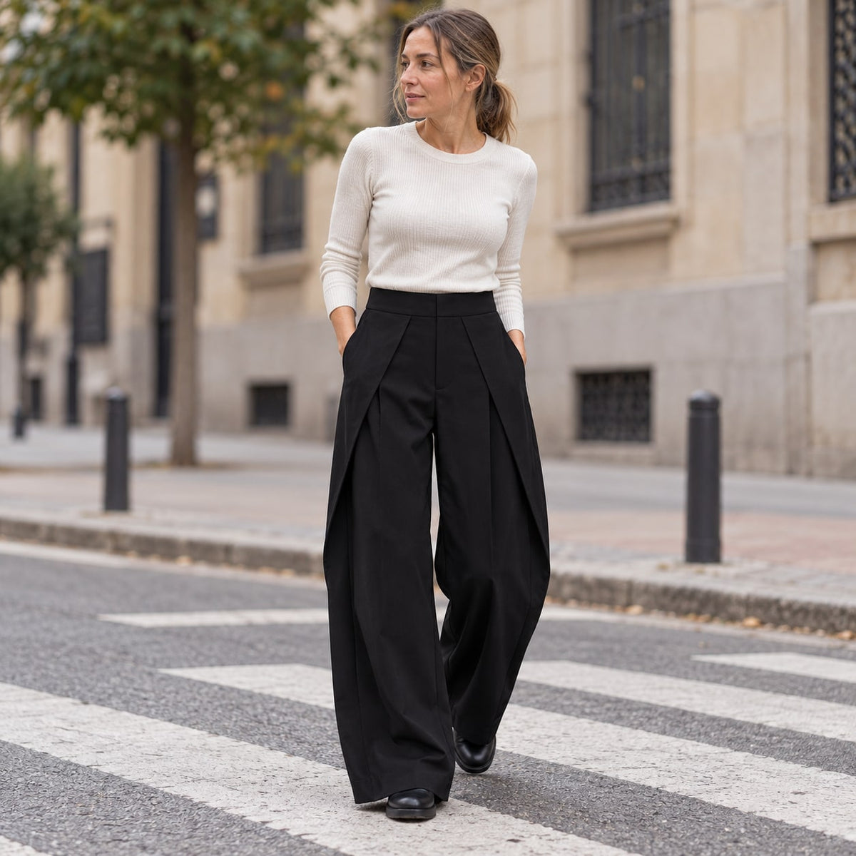 Pantalón ancho plisado negro para mujer en look de otoño
