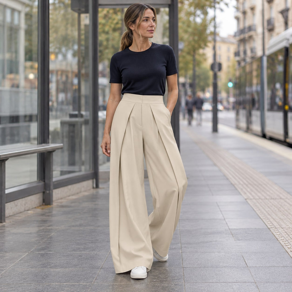 Pantalón ancho plisado beige para mujer en look de otoño