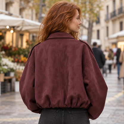 Chaqueta bomber de ante sintético burdeos vista de espalda