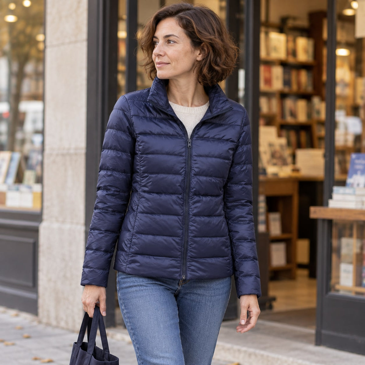 Chaqueta de plumón corta azul marino junto a una librería urbana