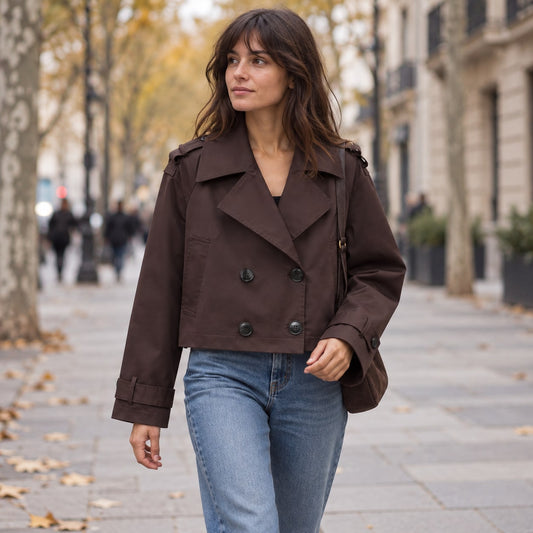 Trench corto cruzado chocolate en una avenida de otoño