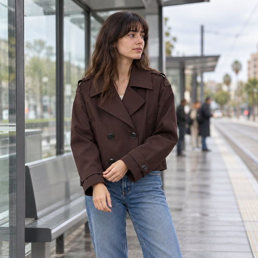 Trench corto cruzado chocolate en una parada urbana