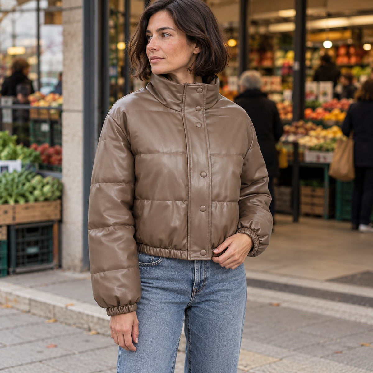 Chaqueta de piel sintética marrón junto a un mercado urbano