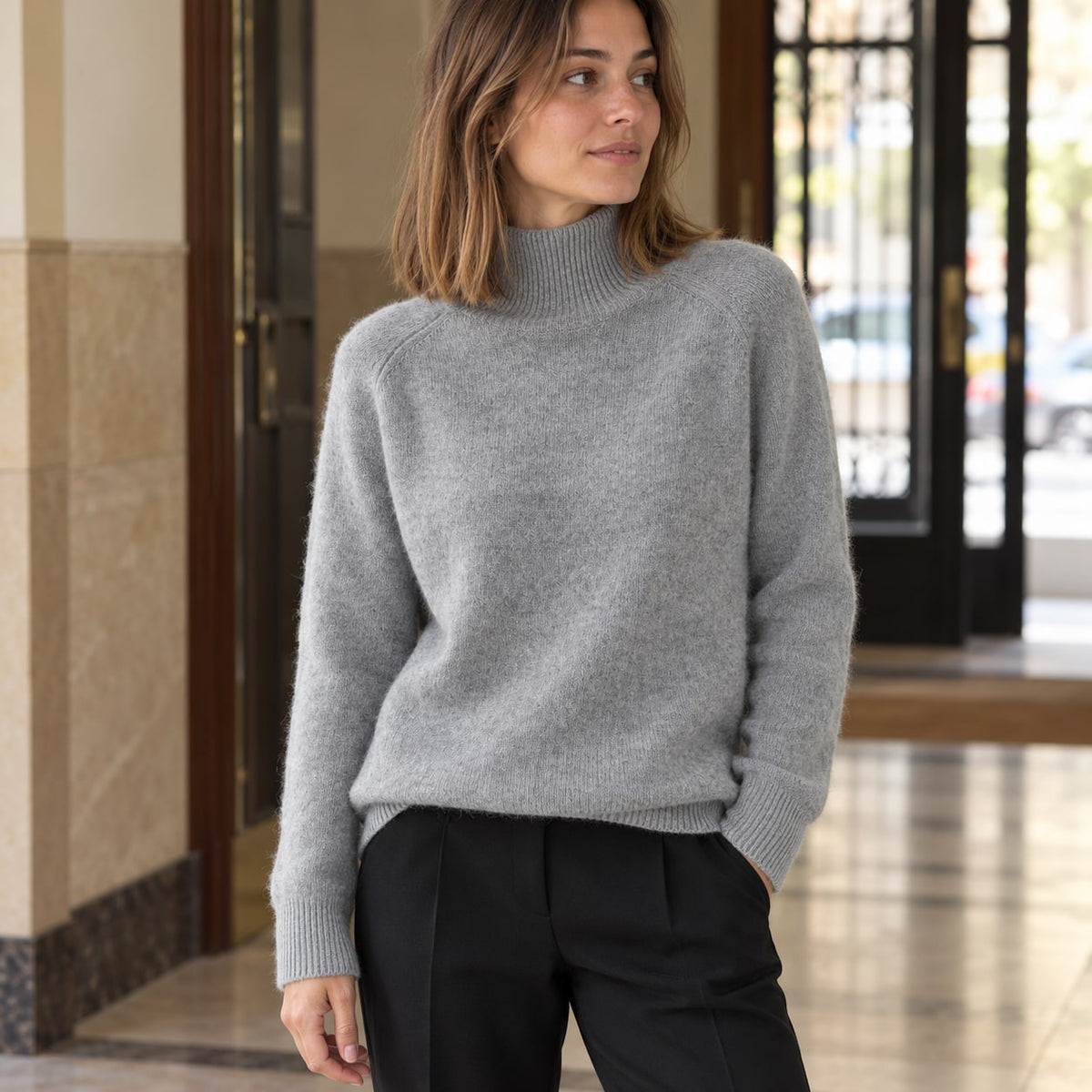 Jersey gris de cuello chimenea en portal urbano