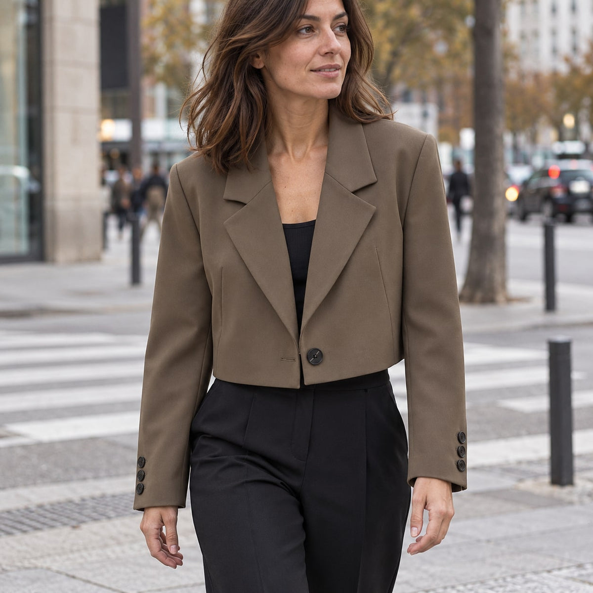 Blazer corto café de solapa en look urbano