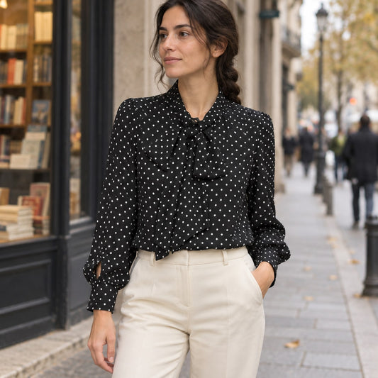 Blusa negra de lunares con lazada al cuello en look urbano